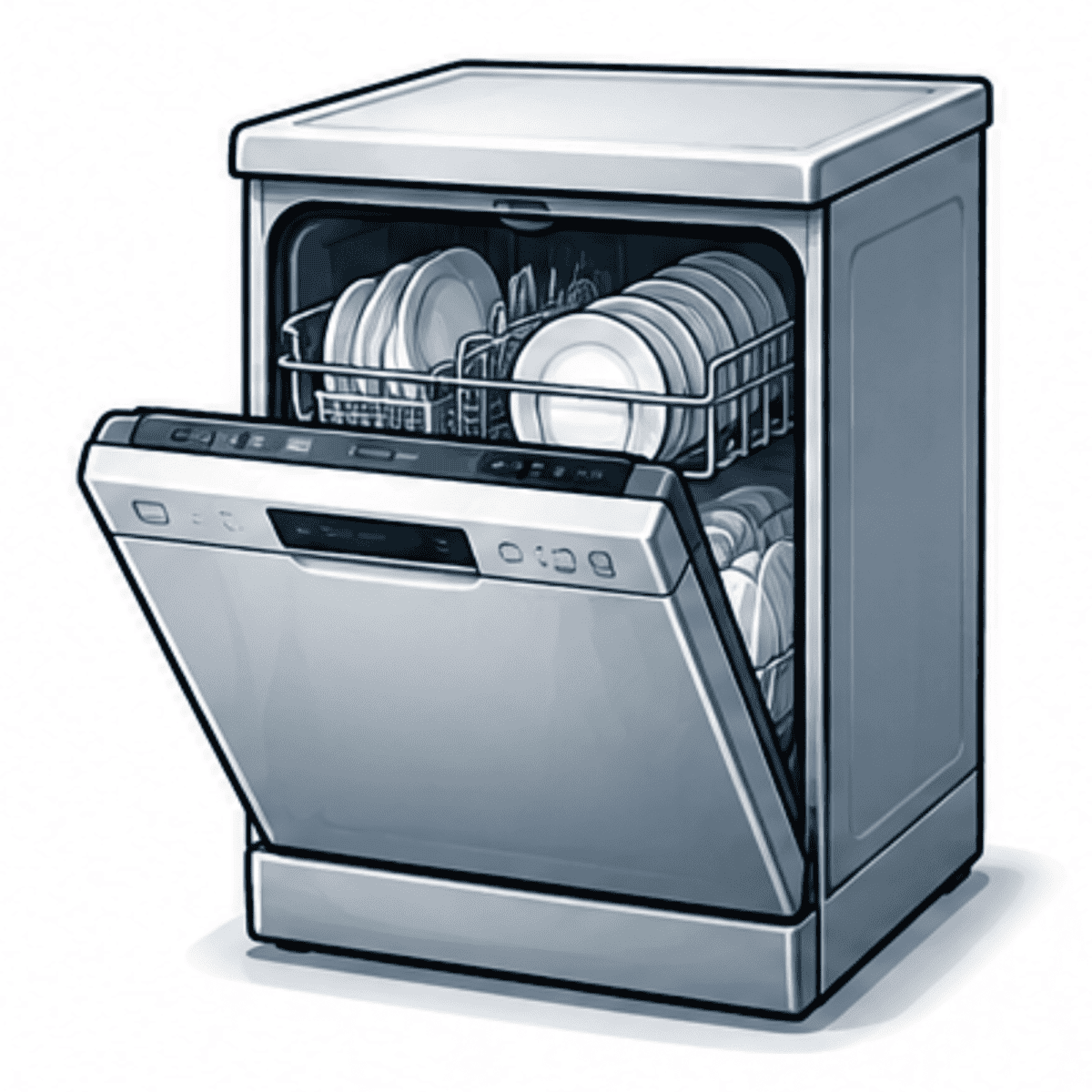 A stainless steel dishwasher with its door open, revealing neatly stacked white plates and dishes inside the racks, ready for cleaning—an everyday convenience that highlights the value of reliable appliance repair Nottingham services.