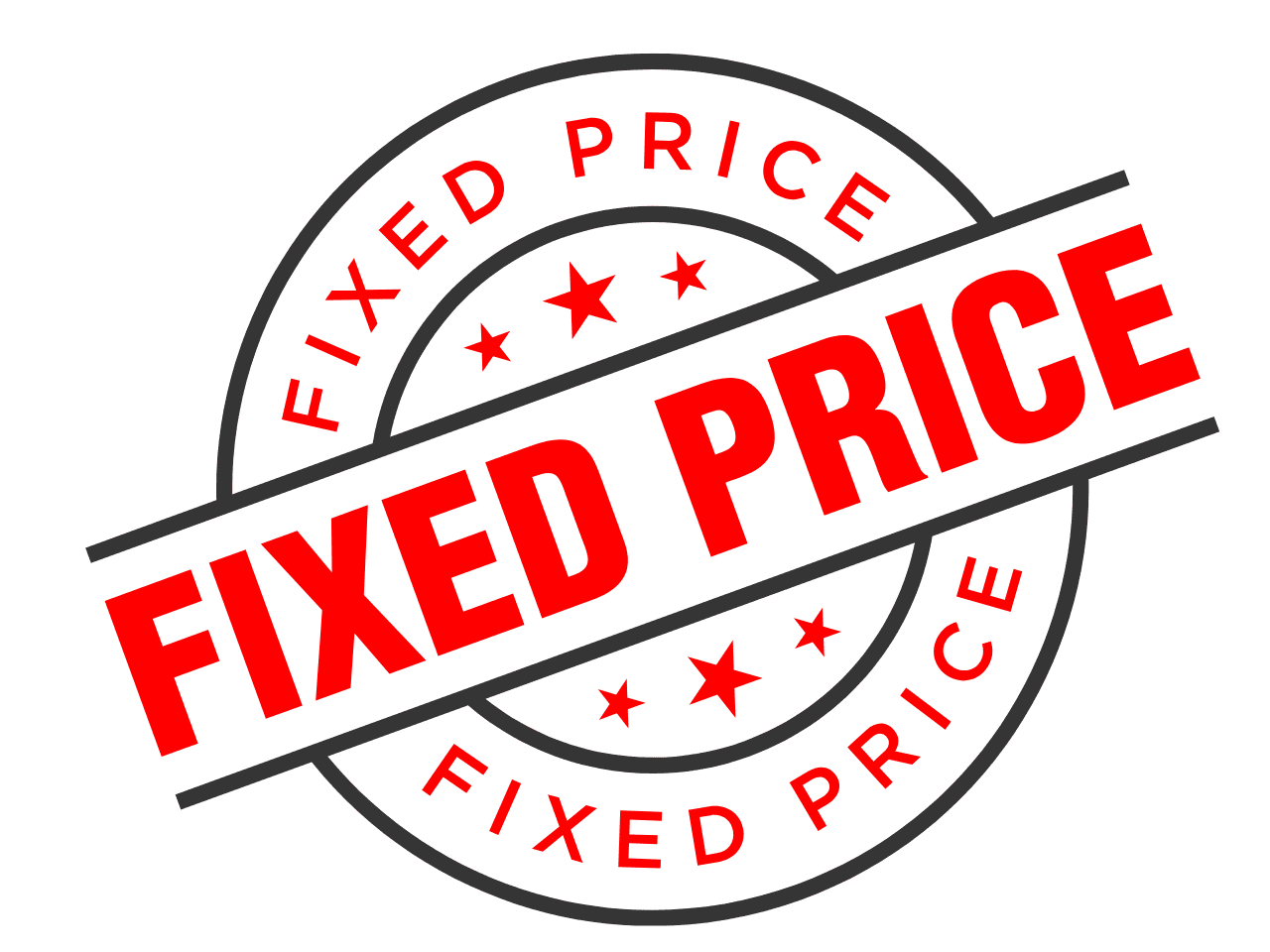 A circular stamp graphic with bold red text reading “FIXED PRICE” across the centre, surrounded by stars and the words “appliance repair Nottingham – FIXED PRICE” repeated along the outer ring.