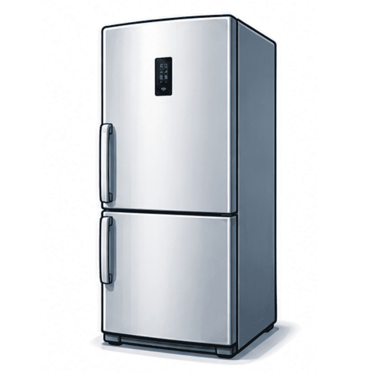 A modern stainless steel fridge with a digital control panel on the upper door and a freezer compartment on the bottom, perfect for any kitchen and easily serviced by trusted appliance repair Nottingham professionals.