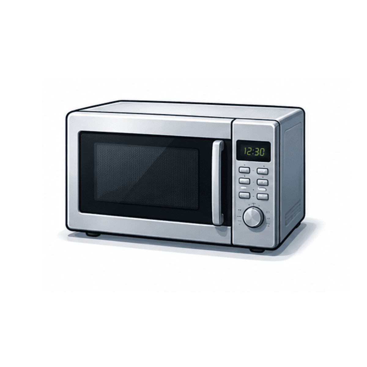 A silver microwave oven with a digital clock display reading 12:30, black windowed door, and control panel featuring buttons and a dial, set against a plain white background—ideal for those seeking quality appliance repairs in Nottingham.