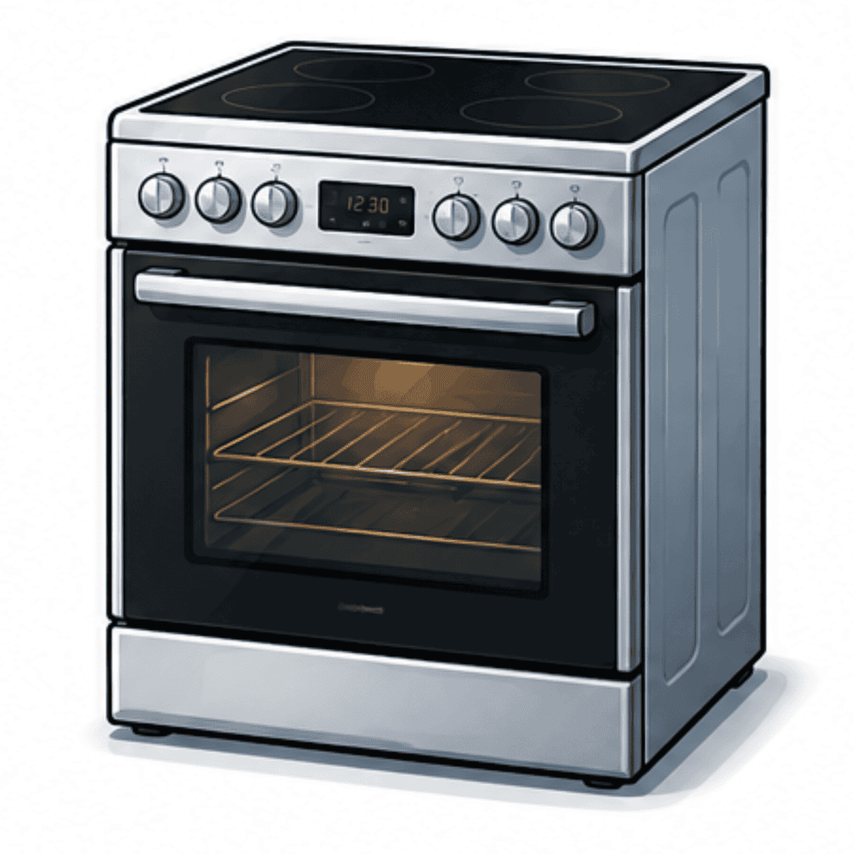 A stainless steel electric cooker with four hobs on top and an oven below, displaying the time 12:30. The oven door is closed, and the interior light is on, showing empty wire shelves—a modern centrepiece for any kitchen in need of professional appliance repair Nottingham services.