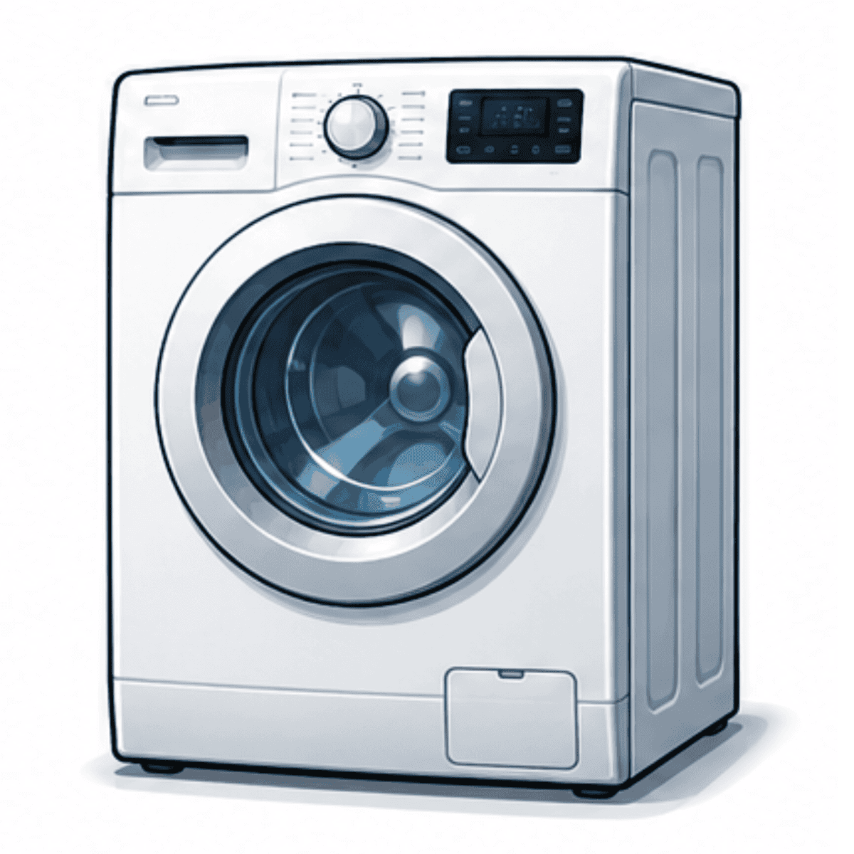A front-loading washing machine with a digital display and control knob, viewed from an angle. The door is closed, and the appliance has a modern, sleek design with metallic accents—ideal for any home in need of reliable performance or those seeking appliance repair Nottingham services.