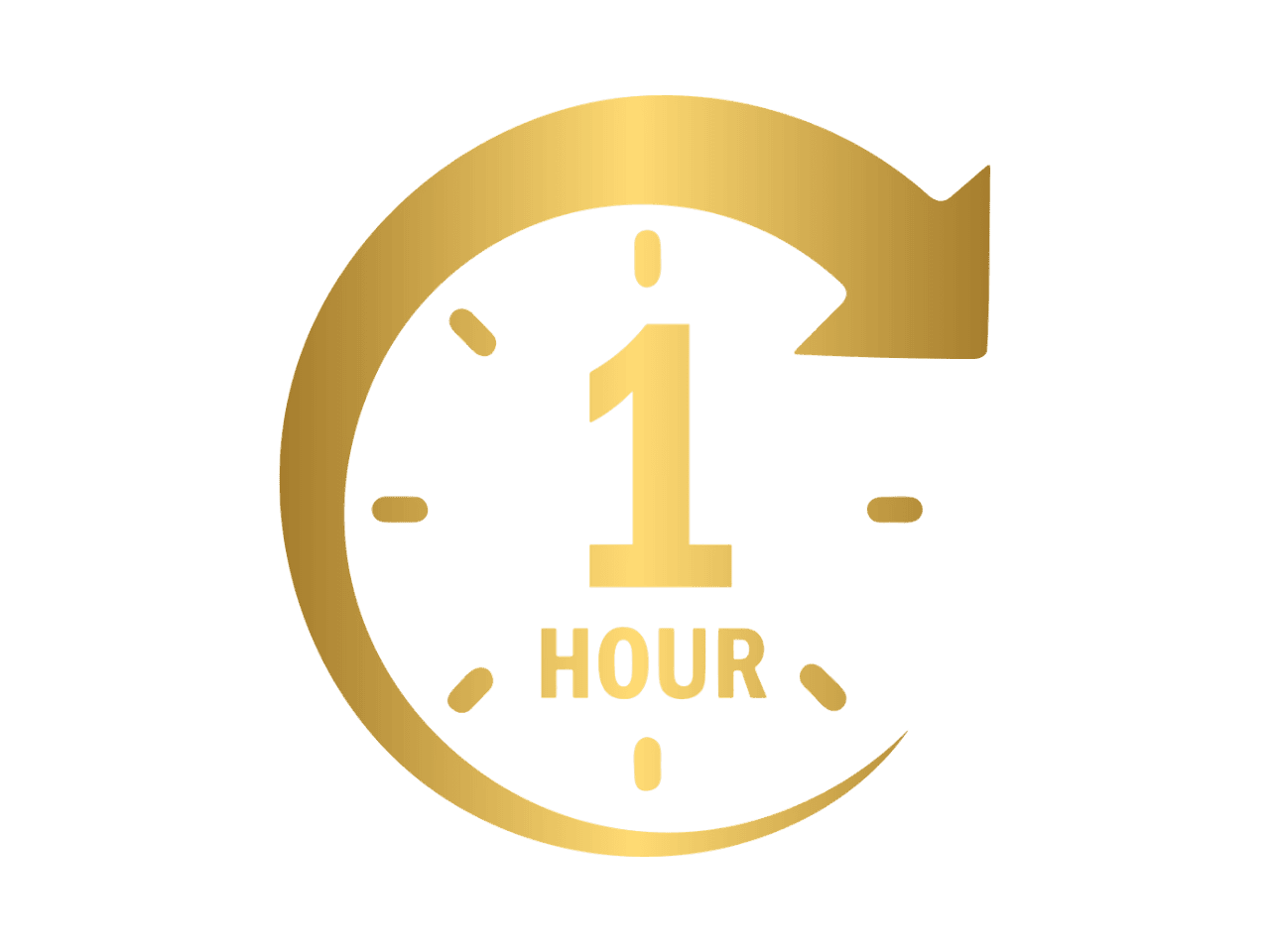 A gold clock icon with “1 HOUR” in the centre and a clockwise arrow encircling most of the clock face, on a light background—perfect for representing speedy appliance repair Nottingham services.