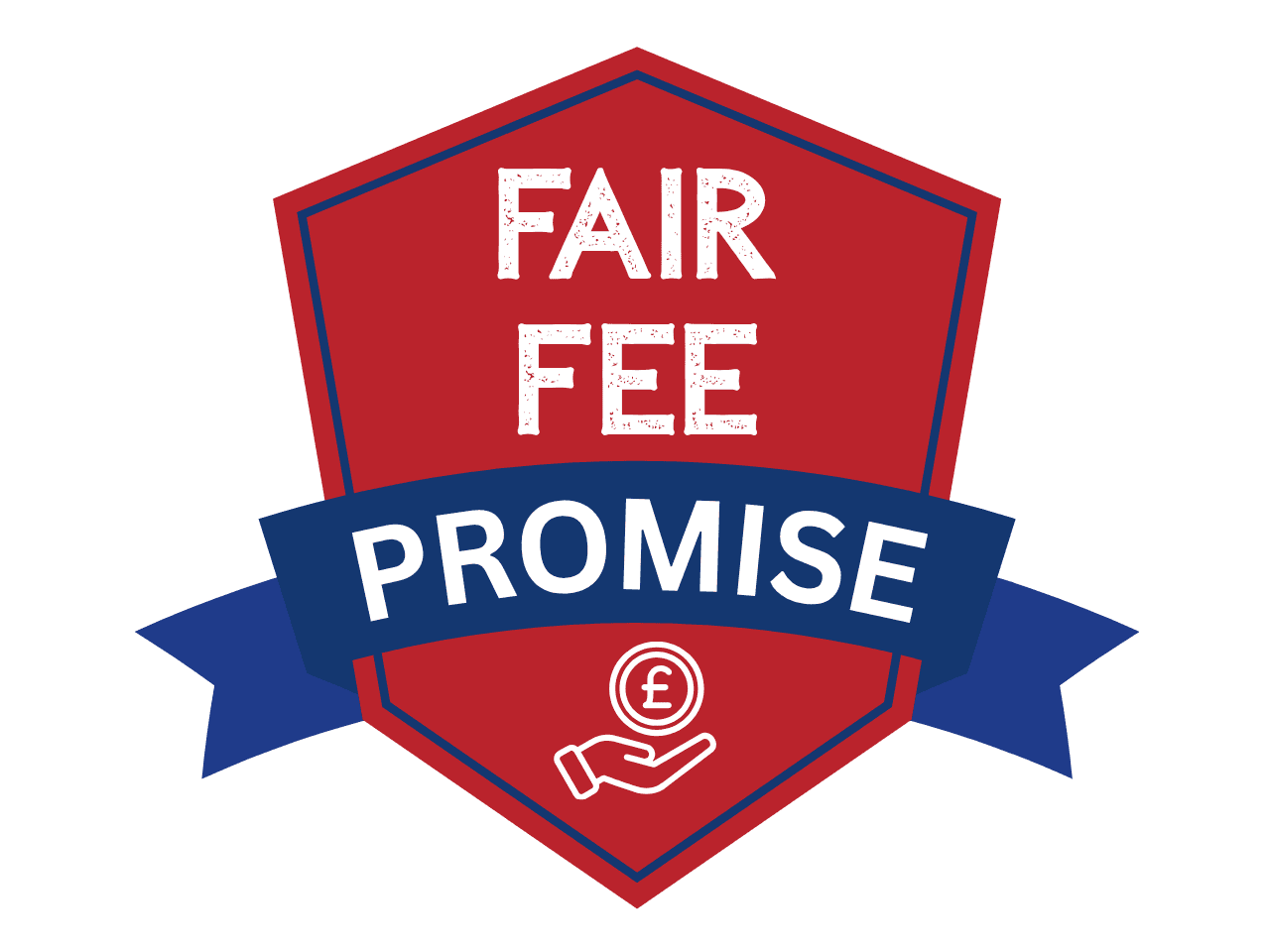 A red badge with the words “Fair Fee” in white, a blue ribbon with “Promise”, and a white hand holding a coin with a pound symbol underneath—perfect for highlighting trustworthy appliance repair Nottingham services.