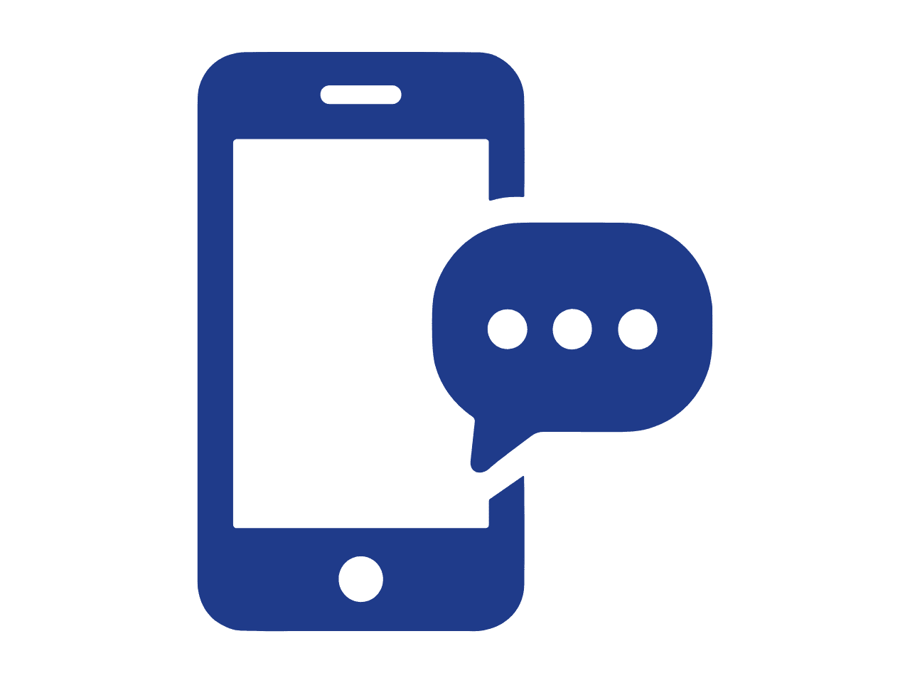 Blue icon of a mobile phone with a speech bubble containing three dots, representing a text message or chat on a mobile device—ideal for quickly connecting with appliance repair Nottingham services.