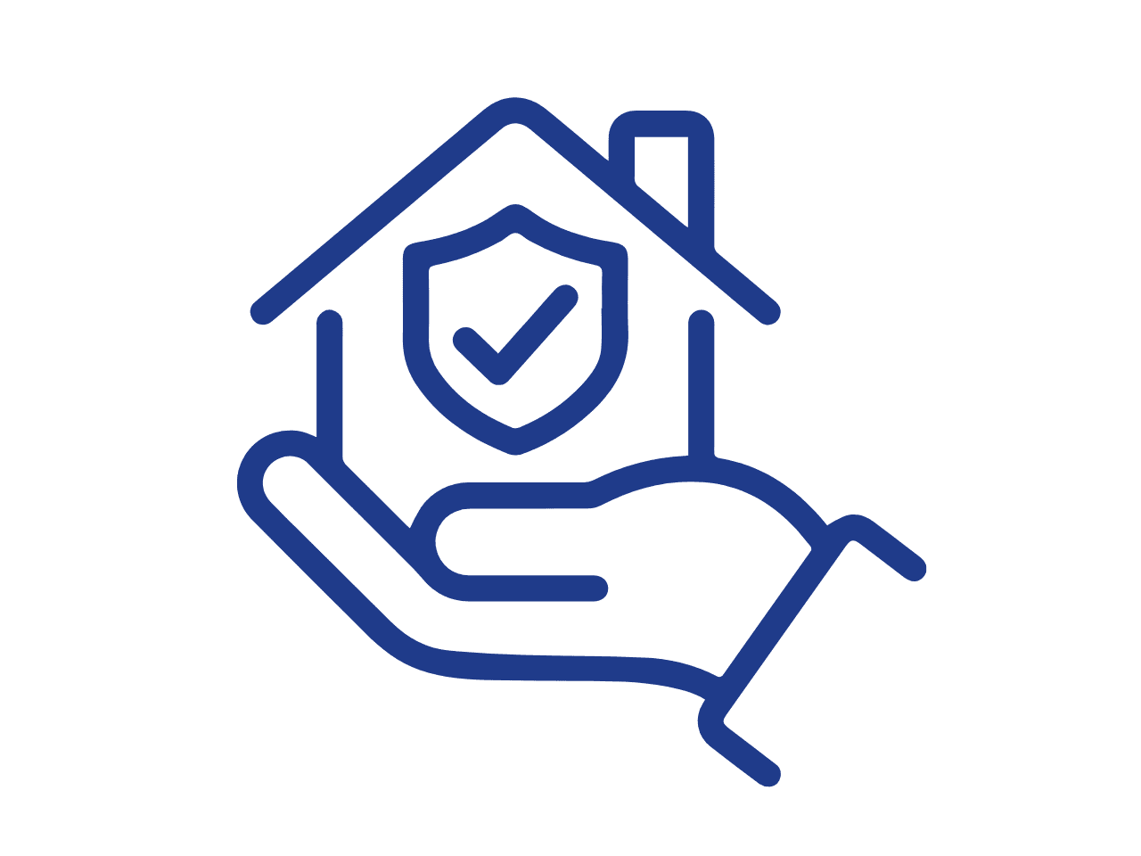 Blue line drawing of a hand holding a house with a shield and tick on it, symbolising home protection or insurance—ideal for representing services like appliance repair Nottingham—on a light background.