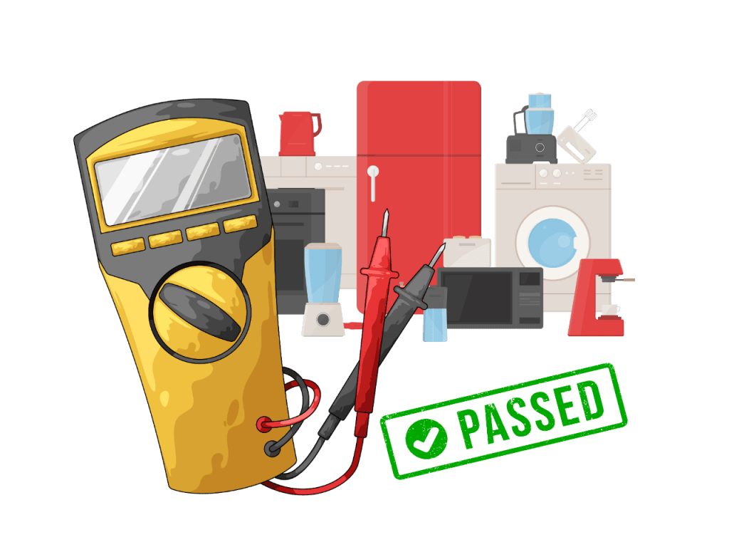 A digital multimeter with probes is in front of various home appliances. A green stamp with a tick and the word “PASSED” is shown, indicating the appliances passed a safety or quality test.